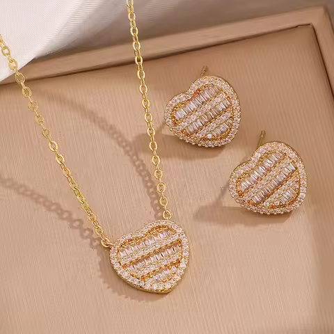 ZAKOL New Iced Out Zirconia Heart Necklace Earrings Set for Women Bling Cubic Zirconia Luxury Weddin