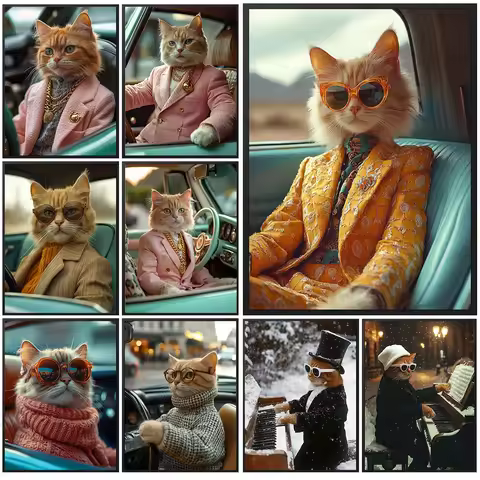 Car & Piano Scene Pet Poster And Print,Sophisticated Cat In Vintage Outfit Canvas Wall Decor,Dapper 