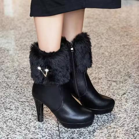 Womens Ankle Boots Bowtie Lovely Lolita Winter Fashion High Heel White Black Fur Ladies Party Weddin
