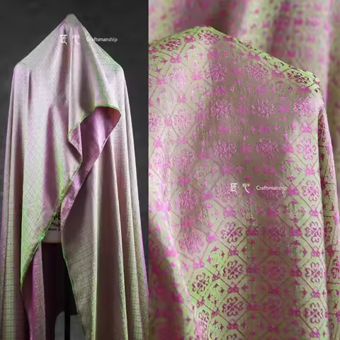 Green and Pink Checkered Silk Jacquard Cheongsam Cloth Retro National Style Hanfu Skirt Shirt Design