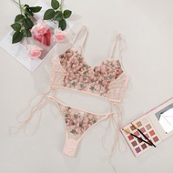 2 Pieces Porn Sexy Lingerie Set Women Transparent Lace Mesh Embroidery Flower Bra Thong Underwear Nightie Exotic Sets qpox