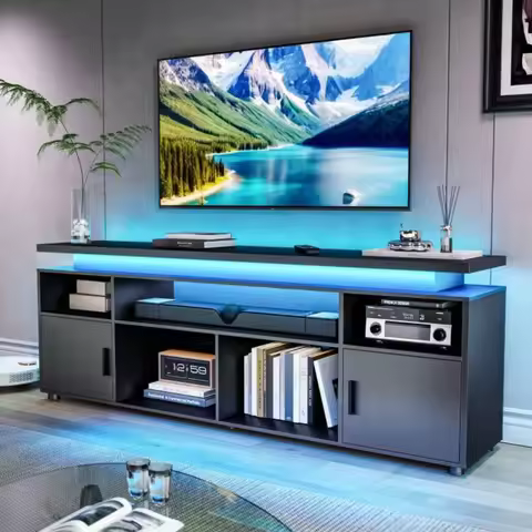 TV Stand, Entertainment Center with LED Lights and Cabinet for 70/75/80 Inch TV, Modern TV Console G
