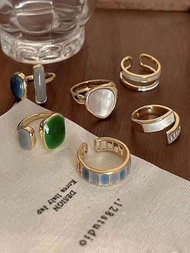 6入組/套女士祖母綠戒指,極簡設計,高端豪華感,可調節開放式戒指