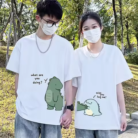 T-shirt paired with dinosaur double T-shirt, summer high-quality casual top, couple style short slee