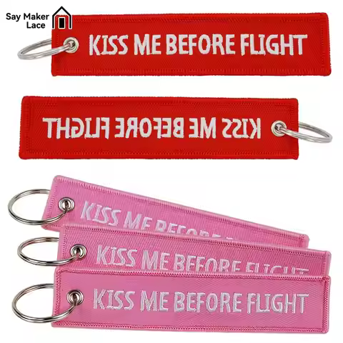 1PCS Kiss Me Before Flight Key Chain Label Embroidery Keychain With Metal Plane Embroidery Keychain