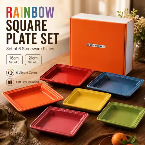 Le Creuset Rainbow Square Plate Set of 6: 6" or 8" Ceramic Dessert & Salad Plates, Flat Diamond-Patt