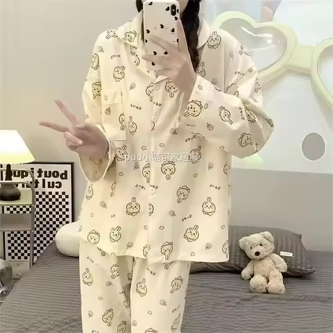 yiji Pajamas ハチワレ Hachiware うさぎ USAGI ちいかわ Pajamas Women's Spring and Autumn Long-sleeved Trousers W