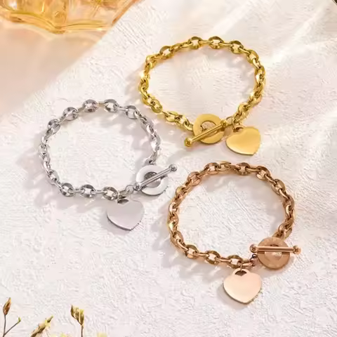 Fashion Titanium Steel Bracelet With Heart Pendant Double Heart OT Buckle Couple Bracelet For Women 