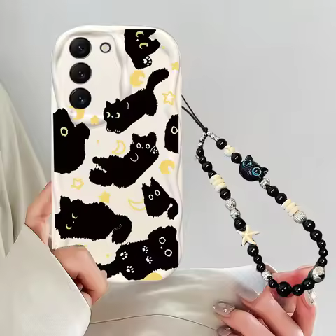 Cute Black Cat With Wrist Lanyard Case For Realme 14 15 Pro 5G C53 C55 C67 C63 C21Y C25Y 10 13 11 12