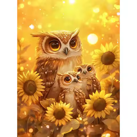 Owl Family and Sunflower Pattern DIY Diamond Painting Kit, frameless full diamond art, size 11.81x15