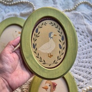 Vintage painting with decorative green oval wooden frame 14x18cm