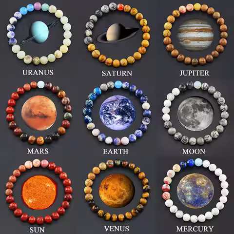 Universe Eight Planets Natural Stone Bead Bracelet Men Women Sun Earth Pluto Venus Mars Planet Handm