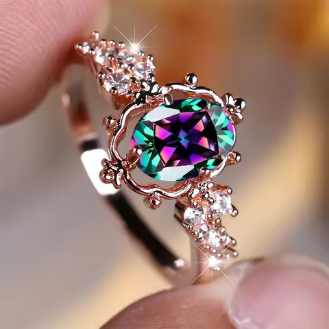 Mystic Rainbow Crystal Oval Stone Flower Rings For Women Trendy Rose Gold Color Wedding Ring Bridal