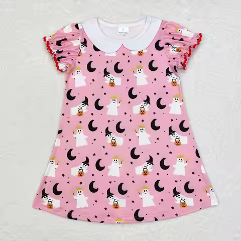 z927-03 GSD1400 Wholesale baby girl clothes Halloween Pink short-sleeved dress Summer Boutique girls