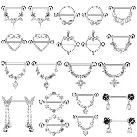 2pcs Lettering Heart Dangled Nipple Piercings Shield Barbell for Women Nipple Rings 14G Stainless St