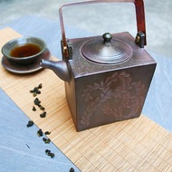 漢綠銅把提樑刻花方壺 新彩燒 柴燒 手作作品 茶壺 | 圭窯