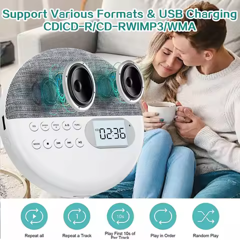 Multi-function Portable CD Player Two-way Bluetooth5.0 Speaker MP3 Player With Anti Skip Protection 
