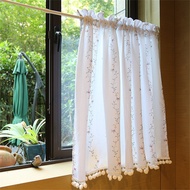 French Printed Rattan Short Curtain For Kitchen Voile Drapes Door Valance With White Cotton Ball Coffee Cabinet Window Treatment Rod Pocket