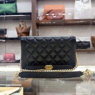 90%NEW USED CHANEL BOY WOC WALLET ON CHAIN 黑色菱格紋金扣荔枝皮 #香奈兒