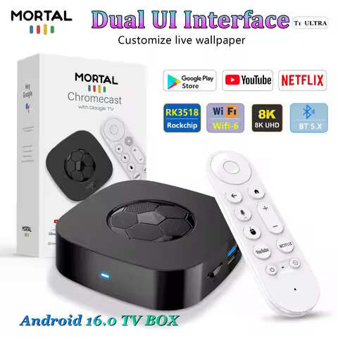 Mortal TV Box Android16.0 T1 Ultra Voice Netflix Chromecast Wifi 6 BT5.0 8K Youtube RK3518 Streaming