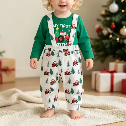 Huddles And Cuddles Baby Outfit Boys' Christmas Car Letter Printed Long Sleeved Shirt With Full Prin