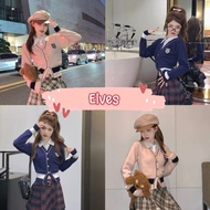 Elves Long-Sleeved Collar Shirt Knitted Fabric Front Button Detail Korean Style ~72035~ -C