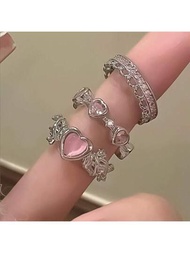 3入組女式戒指,高端設計,粉紫色系,心形、荊棘,假貓眼石,甜美、時尚、優雅的戒指組,完美的禮物選擇