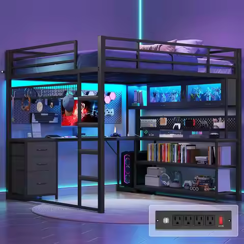 Gaming Loft Bed Full L-Desk RGB Hutch Outlet Metal Frame Drawer Shelves Guardrail Teens Space Save, 