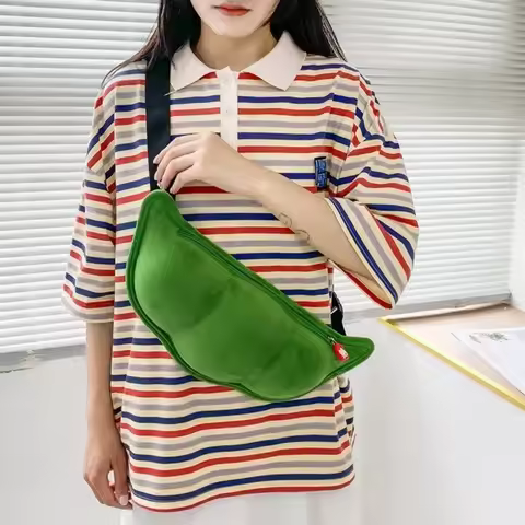 Creative Edamame Shape Bag Zipper Closure Cartoon Soybean Shoulder Bag Soft Texture Green Plush Mess
