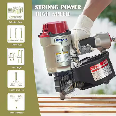 Max Design CN70 Coil Nail Gun 1-3/4-Inch to 2-3/4-Inch Rapid Shooting Pneumatic Nailer Gun for Makin