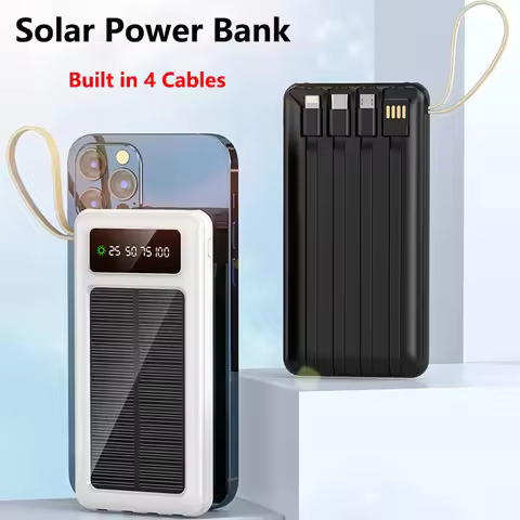 30000mAh Solar Power Bank Built in Cable Portable Charger Powerbank with LED Light for iPhone 15 Sam
