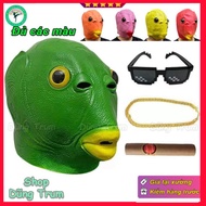 Funny green fish head mask with colorful trolls, green carp silicone mask for Halloween hacker costu
