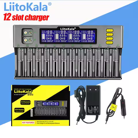LiitoKala Lii-S12 12-Slot LCD Battery Charger for Li-ion LiFePO4 Ni-MH Ni-Cd 9V 21700 20700 26650 18