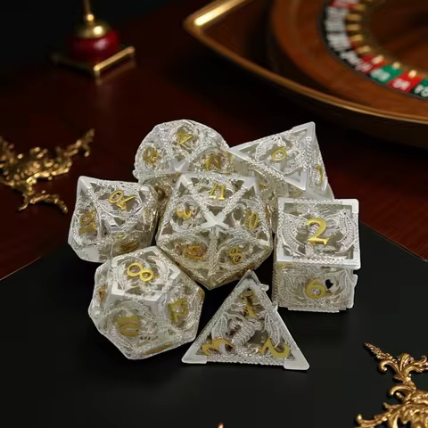 Flying Dragon Polyhedral Dice Set for Role Playing GamePathfinder, Hollow Metal Dice, D & D Dice, 7 