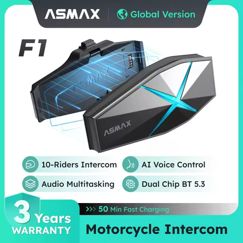 ASMAX F1 Bluetooth Motorcycle Intercom 10-Rider Group Communication, Voice Command, IP67 Waterproof,