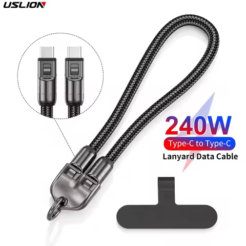 USLION 30CM 240W USB C Cable Braided Aluminum Phone Lanyard Type C to Type C Cable Fast Charging USB