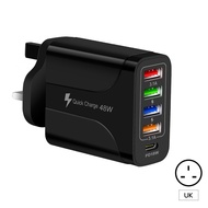 [48W] 4U+TYPE-C 5 Ports USB Charger PD Type C Charger Smart Fast Charging QC3.0 USB C Adapter