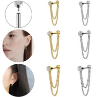 1 PC Stainless Steel Stud Earring Piercing 18G/16G Push-in Ear Stud Crystal Chain Dangle Earring 6/8