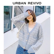 URBAN REVIVO เสื้อกันหนาวแขนยาวกระดุมมุกคาร์ดิแกนสั้นเปิดหน้าแขนยาวผ้าทวีดเสื้อแขนยาวลายสก๊อตมีกระเป๋าของผู้หญิง