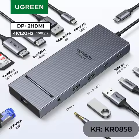 UGREEN 12-in-1 USB HUB Type-C to 2HDMI 4K120Hz DP USB3.2 10Gbps SD/TF RJ45 PD100W for Windows Dell H
