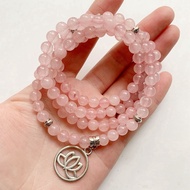 Natural Rose Quartz Stone Prayer Beads Mala 108 Beads Bracelet Pink Crystal Lotus Om Sun Star Charms Beads 6mm Craft 1pc