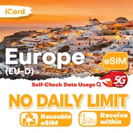 iCard eSIM-Europe & UK3-30 Days No Daily Limit Data SIM│Can top up reuse│Include Balkan