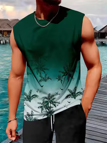 Stylish Men's Vacation Hawaiian Vest Gradient Coconut Print Casual Yacht Party Vest Plus Size Mens R