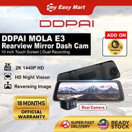 DDPAI Mola E3 Rearview Mirror Dash Cam | 10" Touchscreen | 2K 1440P HD Night Vision | Dual Channels 