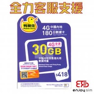 鴨聊佳【中國內地及香港】【30GB / 180日】4G LTE 上網卡數據卡SIM咭