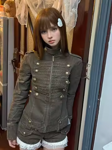 2026 Motorcycle Jacket Subculture Napoleon Jacket Women's Spring New Retro Washed Palace Style Jacke