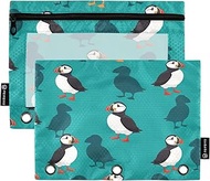 Cartoon Puffins Teal Three Hole Pencil Pouch with Clear Window, 2Pack Pencil Pouch Teen Boys Kids Sc