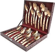 FnS Allie 18 pcs Stainless Steel Rose Gold Cutlery Set with Leatherite Box (6 Dinner Spoon, 6 Dinner