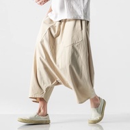 2023 Summer Men Plus Size Casual Harem Pants Vintage Loose Cotton Linen Wide Leg Pants Men Elastic Waist Pantalones Trousers