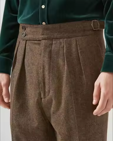 Coffee Two Designs 1940s High-Waisted Herringbone Trousers Men - Heavyweight Tweed Dress Pants Tailo